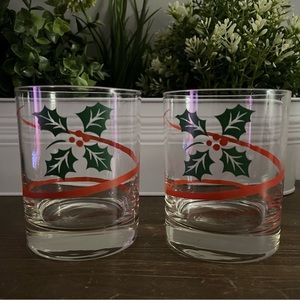 Vintage Christmas Highball Glasses, Set Of 2, 4x3”, Holly Leaves.